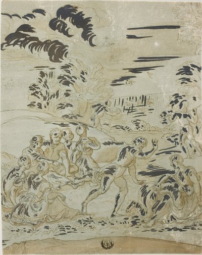 Scena pastorale: uomini che cacciano uccelli, coppie sedute a terra da Bernard van Orley