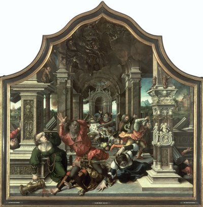 La distruzione della casa di Giobbe, pannello centrale del Trittico della Virtù della Pazienza, 1521 da Bernard van Orley