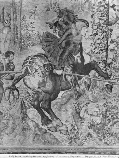 Le cacce di Massimiliano, Capricorno, La caccia al cinghiale, dettaglio di Massimiliano I 1459-1519, Fabbrica dei Gobelins da Bernard van Orley
