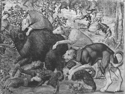 Le cacce di Massimiliano, Capricorno, La caccia al cinghiale, dettaglio dei cani che attaccano il cinghiale, Fabbrica dei Gobelins da Bernard van Orley