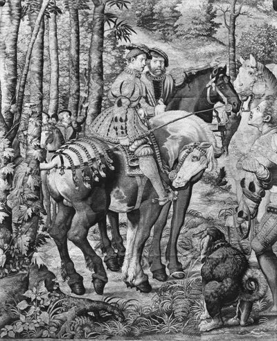 Le cacce di Massimiliano, Leo, La caccia al cervo, il rapporto, Fabbrica dei Gobelins (arazzo) da Bernard van Orley