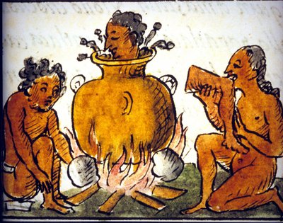 Cannibalismo rituale tra gli Aztechi. Manoscritto di Bernardino de Sahagun. XVII secolo. (dettaglio) da Bernardino de Sahagun