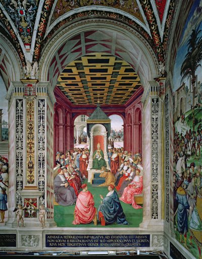 Enea Silvio Piccolomini (1405-64) fa un Atto di Sottomissione a Papa Eugenio IV (1383-1447) 7 febbraio 1447 da Bernardino di Betto Pinturicchio