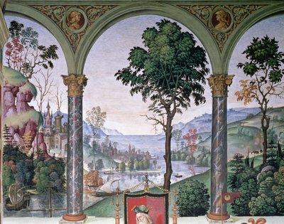 Paesaggio di sfondo visto attraverso la loggia (dettaglio) da Bernardino di Betto Pinturicchio