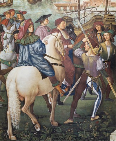 Enea Silvio Piccolomini in partenza per Basilea in qualità di segretario del Vescovo di Ferrara, dettaglio dalle Storie di Pio II da Bernardino di Betto Pinturicchio