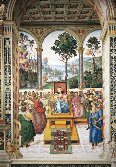Enea Silvio Piccolomini che pronuncia un discorso davanti a Re Giacomo I di Scozia, dettaglio da Storie di Pio II da Bernardino di Betto Pinturicchio