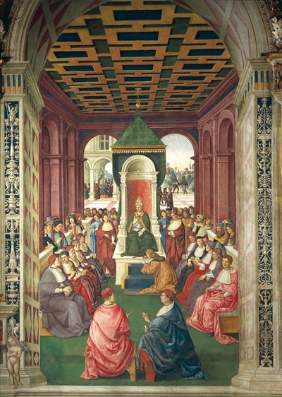 Italia, Siena, Cattedrale, Biblioteca Piccolomini, Enea Silvio Piccolomini in atto di sottomissione a Papa Eugenio IV, (dettaglio) dalle Storie di Pio II da Bernardino di Betto Pinturicchio