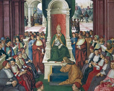 Italia, Siena, Cattedrale, Biblioteca Piccolomini, Enea Silvio Piccolomini in atto di sottomissione a Papa Eugenio IV, (dettaglio) da Storie di Pio II da Bernardino di Betto Pinturicchio