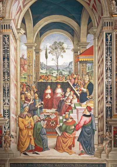 Cattedrale di Siena, Biblioteca Piccolomini, Pio II convocato a Mantova per la dieta organizzata per pianificare la crociata contro i Turchi, (dettaglio) da Bernardino di Betto Pinturicchio