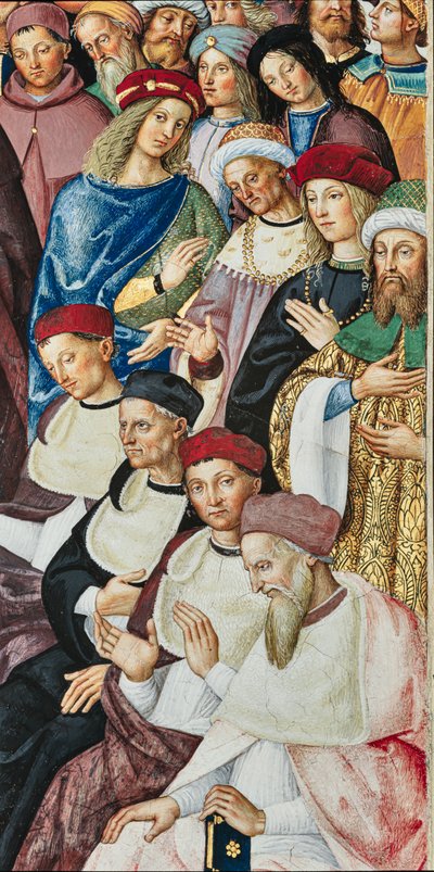 Biblioteca Piccolomini, parete sud-est: "Enea Silvio riceve il cappello cardinalizio da Papa Callisto III, 17 dicembre" da Bernardino di Betto Pinturicchio