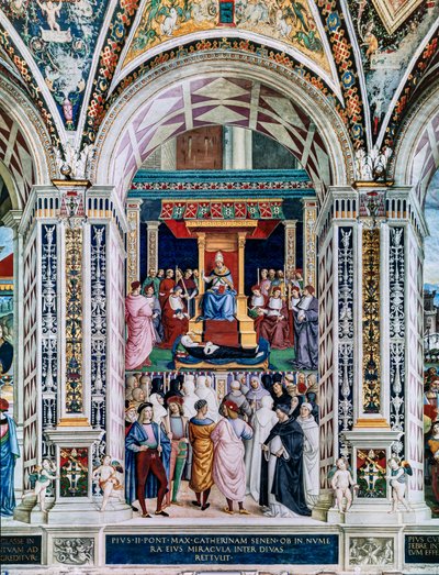 Biblioteca Piccolomini, parete sud-ovest: "Pio II canonizza Santa Caterina da Siena, 29 giugno" da Bernardino di Betto Pinturicchio