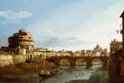 Una vista di Roma verso ovest, con barche lungo il Tevere e il Castel Sant