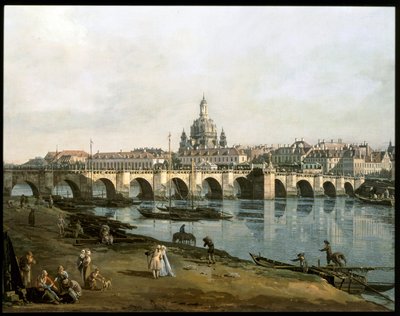 Veduta di Dresda dalla riva destra del fiume Elba, sotto Augustusbruecke ... (dipinto su tela) da Bernardo Bellotto