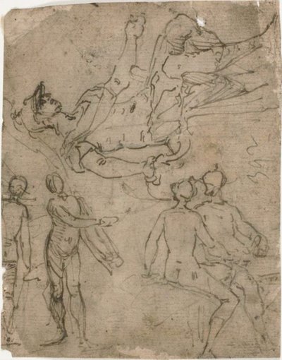 Schizzi di guerriero seduto, varie figure da Bernardo Castello