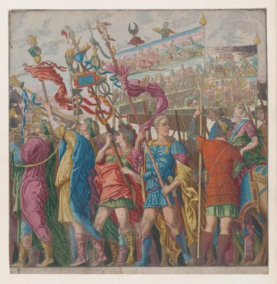 Foglio 1: Soldati che portano stendardi raffiguranti le imprese militari trionfali di Giulio Cesare, 1599 da Bernardo Malpizzi