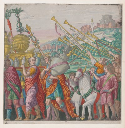 Tavola 4: Uomini che portano trofei a sinistra, trombettisti a destra, da Il trionfo di Giulio Cesare, 1599 da Bernardo Malpizzi