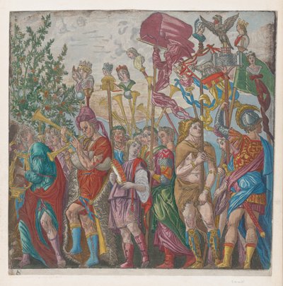 Foglio 7: processione di musicisti e altri che tengono stendardi, da Il trionfo di Giulio Cesare, 1599 da Bernardo Malpizzi
