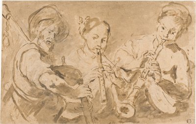 Tre musicisti che suonano corni e pifferi da Bernardo Strozzi