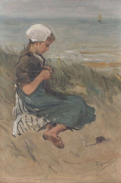 Ragazza che lavora a maglia nelle dune da Bernardus Johannes Blommers