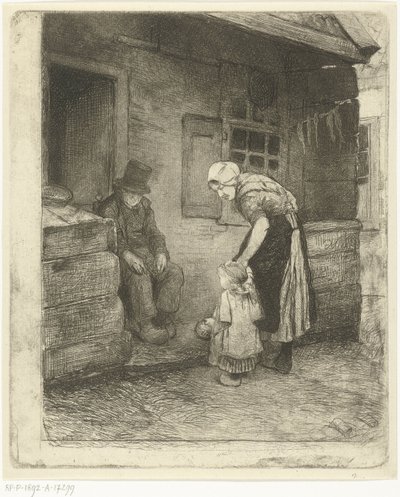 Donna con bambino piccolo accanto a un vecchio seduto davanti a una casa di lavoratori da Bernardus Johannes Blommers