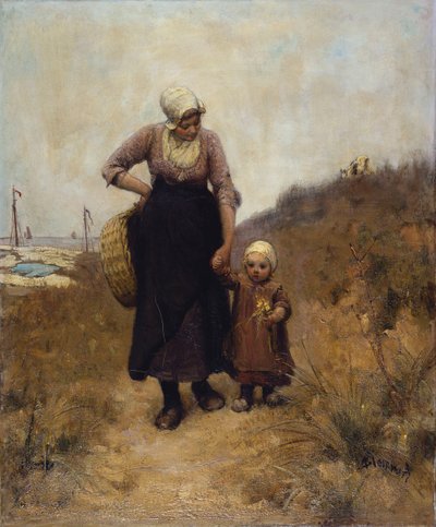 Madre e figlio su un sentiero vicino al mare da Bernardus Johannes Blommers or Bloomers