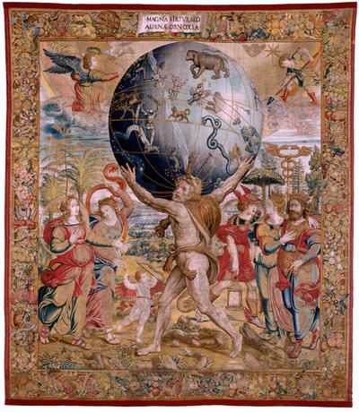 Arazzo fiammingo. Serie Le Sfere. Ercole che sostiene la sfera celeste (Hércules sostiene la esfera celeste). Primo arazzo della serie. Modello Barend van Orley o Pieter Coecke van Aelst. 1525-1530. Manifattura Joris Vezeleer (Georg Wezeler)? da Bernart van (attr. to) Orley