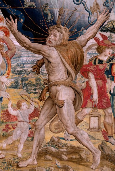 Serie Le Sfere. Ercole sostiene la sfera celeste. Primo arazzo della serie. Modello Barend van Orley o Pieter Coecke van Aelst. 1525-1530. Manifattura Joris Vezeleer (Georg Wezeler)? da Bernart van (attr. to) Orley