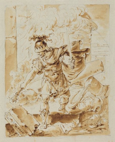 Alessandro che dà fuoco a Persepoli (penna e inchiostro marrone con lavaggio marrone su grafite su carta vergata) da Bernhard Rode