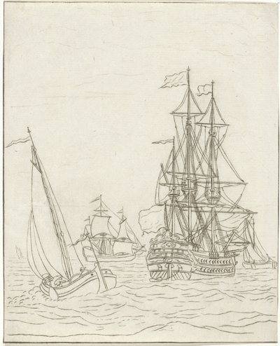 Una nave da guerra e tre velieri in alto mare da Bernhard Schreuder