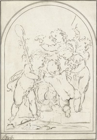 Cinque putti accanto a un vaso con tralci d