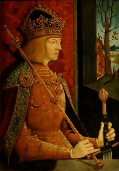 Imperatore Massimiliano I 1459-1519, con corona, scettro e spada, c. 1500 da Bernhard Strigel