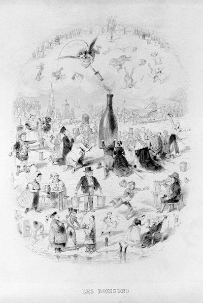 Bevande: una folla in adorazione davanti a una bottiglia di vino e ai diversi tipi di bevande in Brillat - Savarin illustrato da Bertall. Parigi 1840. Jean Anthelme Brillat Savarin (Brillat-Savarin) (1755-1826) gastronomo francese. da Bertall