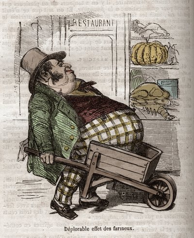 Obesità - Des Gourmands - deplorevole effetto dei farinacei - incisione in 