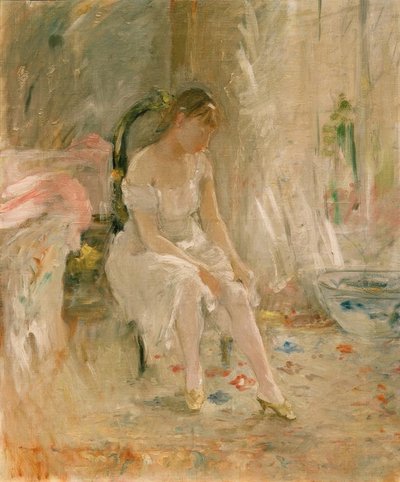 Donna che si veste o ragazza che mette la calza da Berthe Morisot