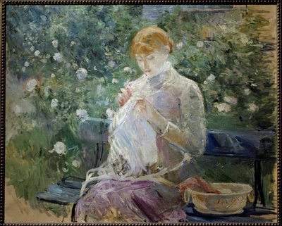 Pasie che cuce nel giardino a Bougival da Berthe Morisot