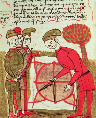 Ms 327 fol.216v Geometri che lavorano con un piano e compassi, da Traité d