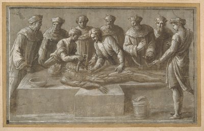 Sei professori di anatomia che dissezionano un cadavere maschile scuoiato (penna e inchiostro marrone con lavaggio marrone e lumeggiatura) da Biagio Pupini
