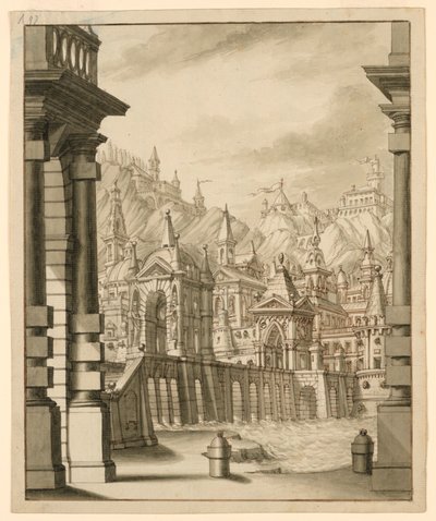 Scenografia, città su una collina con edifici torreggianti da Bibiena Family, 1657