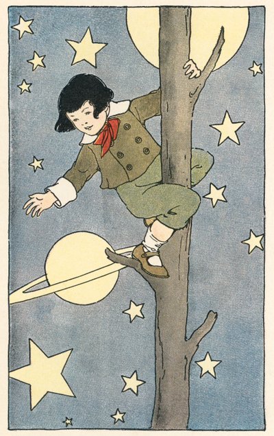 Ragazzo che si arrampica su un albero tra stelle e pianeti da Blanche Fisher Wright