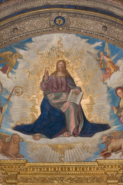 Abside, Catino absidale, Boccaccio Boccaccino, Pantocratore tra i Santi Marcellino, Imerio, Omobono, Pietro Esorcista, (dettaglio) Pantocratore da Boccaccio Boccaccino