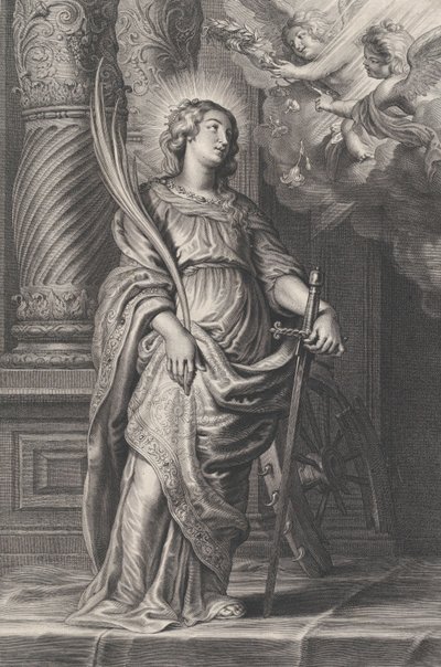 Santa Caterina che tiene foglie di palma e una spada, due putti sopra che tengono una corona..., ca. 1625-59 da Boetius Adams Bolswert