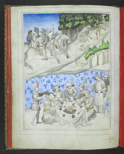 Add 24189, f.5v, Ricreazione a Cipro con, sopra, una caccia al cervo con leopardi e, sotto, un banchetto, dal 
