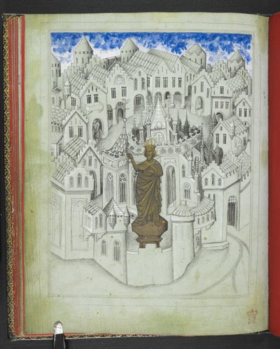 Add 24189, f.9v, La città di Costantinopoli, con una grande statua dell