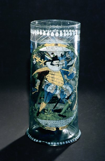 Humpen (bicchiere alto) con decorazione smaltata di un cacciatore e una donna, c.1594 da Bohemian School
