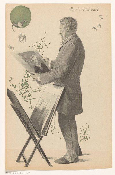 Edmond de Goncourt guarda una stampa, accanto a lui un supporto per stampe da Boileau