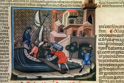 Caricamento delle merci su una nave, dal manoscritto "Justiniano Institutiones Feodorum et Alia", c.1300 da Bolognese School