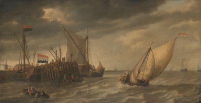 Viaggiatori che sbarcano a un molo sulla Schelda con vento forte da Bonaventura Peeters (I)