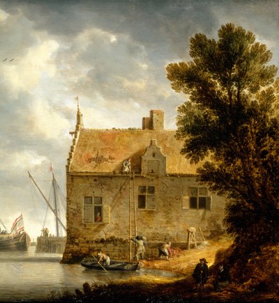 Costruttori che riparano una casa vicino a un fiume da Bonaventura Peeters