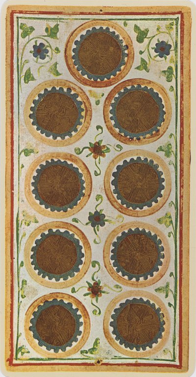 Il Nove di Denari, facsimile di una carta dei tarocchi dal mazzo 