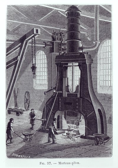Il Martello a Vapore di Le Creusot, illustrazione per un libro sulle macchine industriali, c. 1880 da Bonnafoux